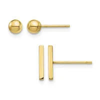 Two pairs of gold stud earrings displayed against a white background: one pair with polished spherical balls and one pair with rectangular bar shapes.