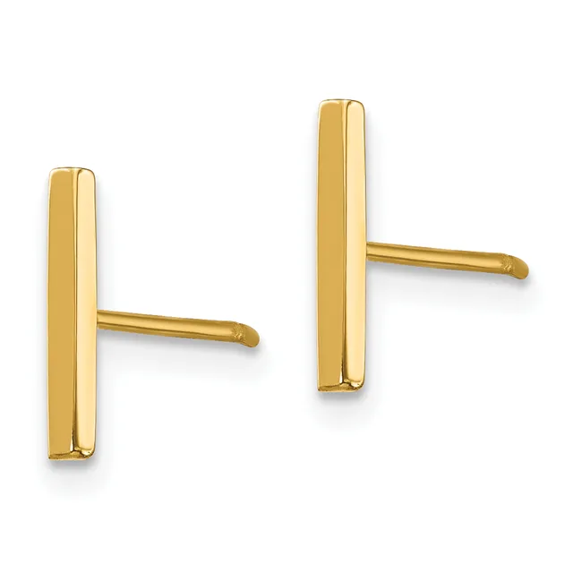 A pair of gold stud earrings with rectangular vertical posts and small rounded horizontal posts extending from each one.