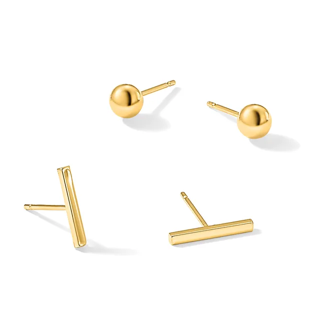 Four gold stud earrings displayed on a white background: two pairs of polished ball studs and two pairs of smooth bar studs in yellow gold.