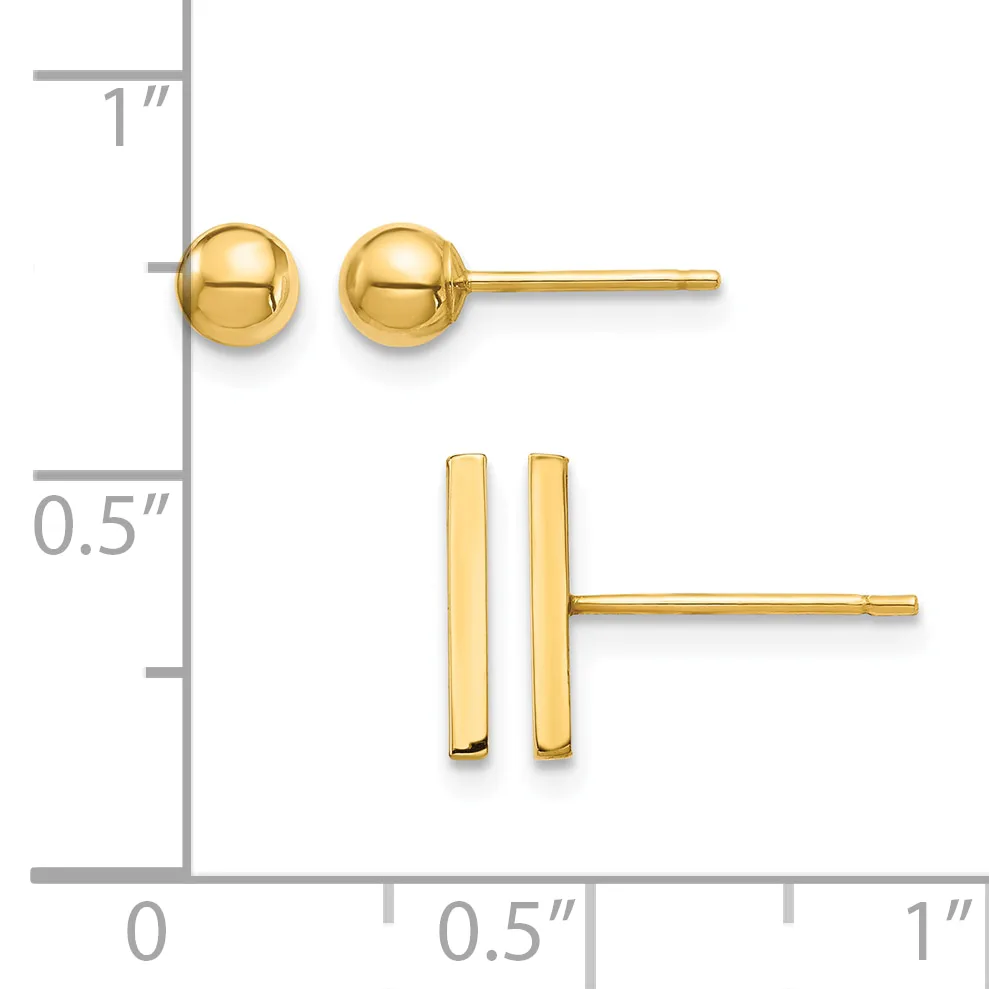 Two pairs of gold stud earrings displayed against a measurement scale: polished ball studs and rectangular bar studs.
