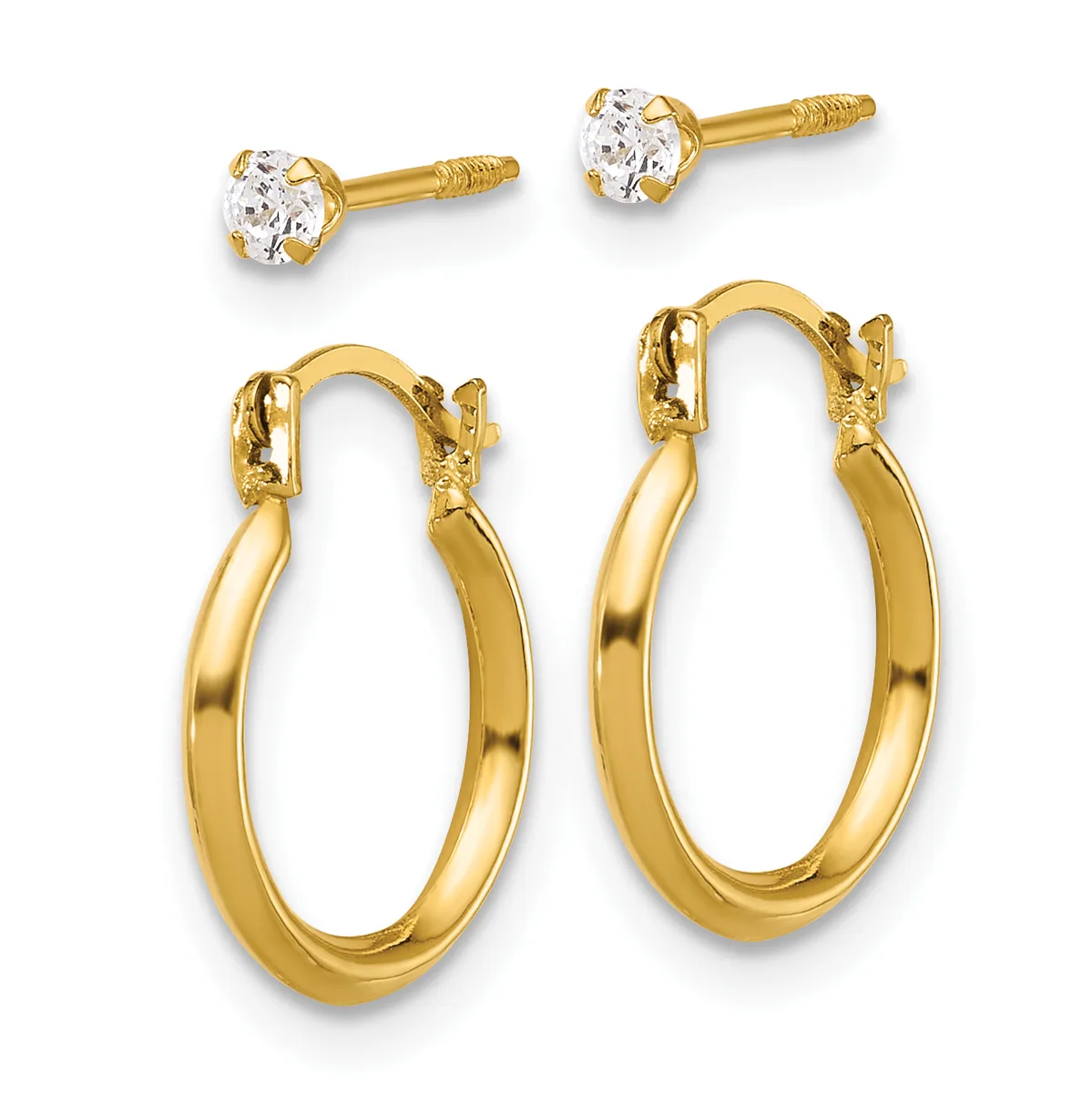 Two pairs of gold earrings displayed against a white background: small stud earrings with round clear stones in prong settings, and larger polished gold hoop earrings with hinged closures.