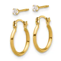 Two pairs of gold earrings displayed against a white background: small stud earrings with round clear stones in prong settings, and larger polished gold hoop earrings with hinged closures.