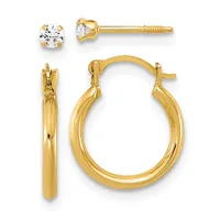 Gold stud earrings with round cubic zirconia stones and gold hoop earrings with a polished finish, displayed against a white background.