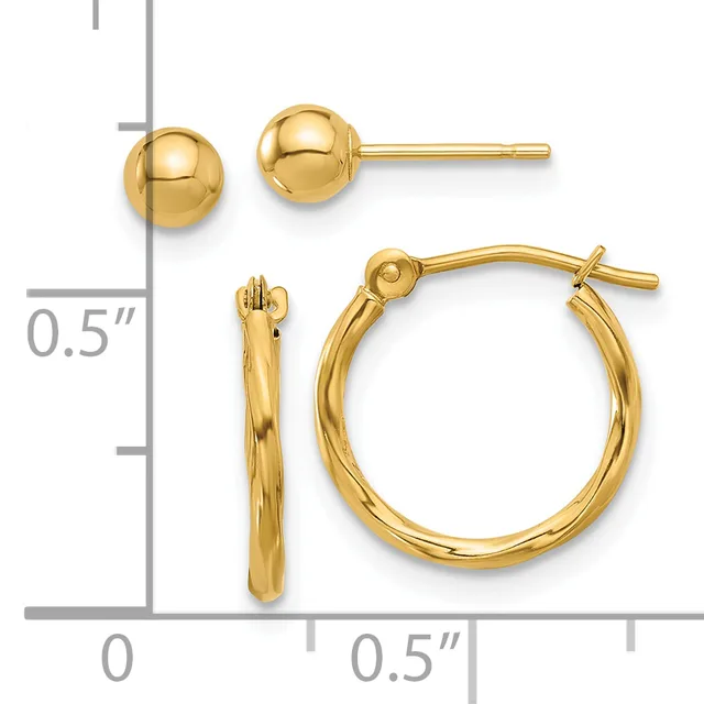 Two pairs of gold earrings displayed next to a ruler: small polished ball studs and larger textured hoop earrings with post closures.