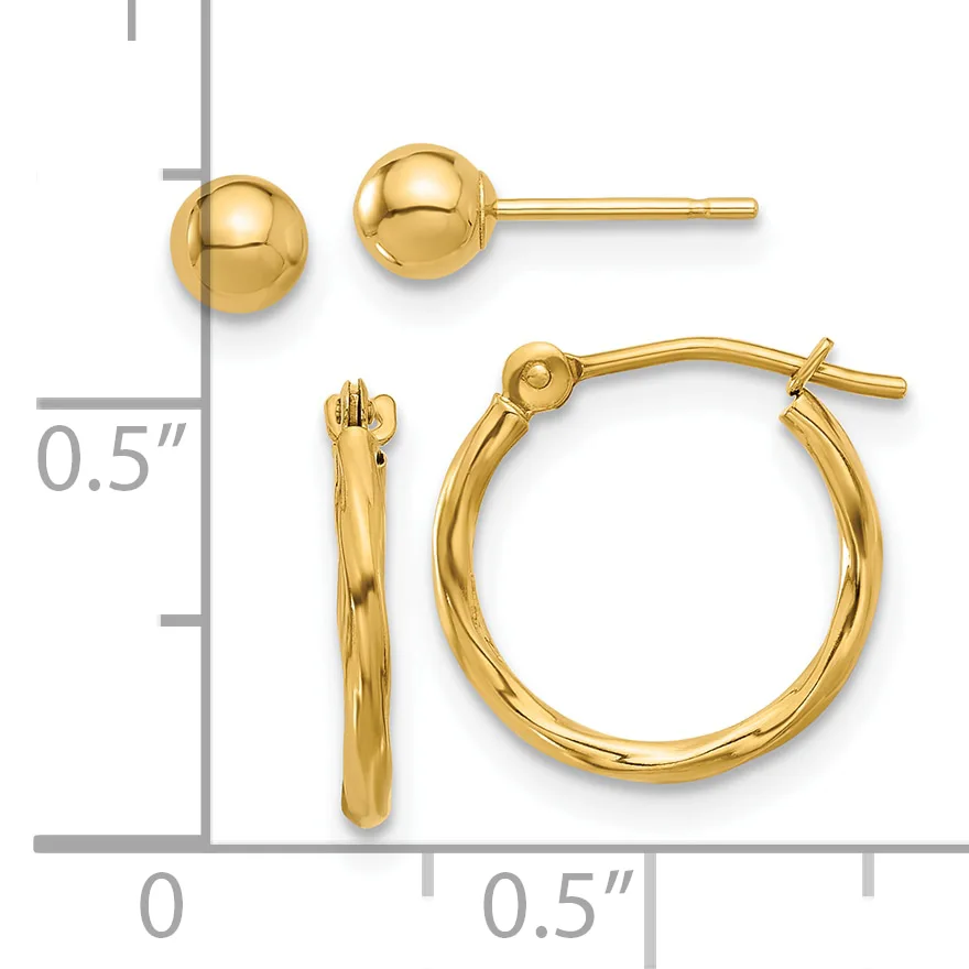 Two pairs of gold earrings displayed next to a ruler: small polished ball studs and larger textured hoop earrings with post closures.