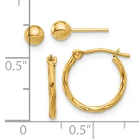 Two pairs of gold earrings displayed next to a ruler: small polished ball studs and larger textured hoop earrings with post closures.