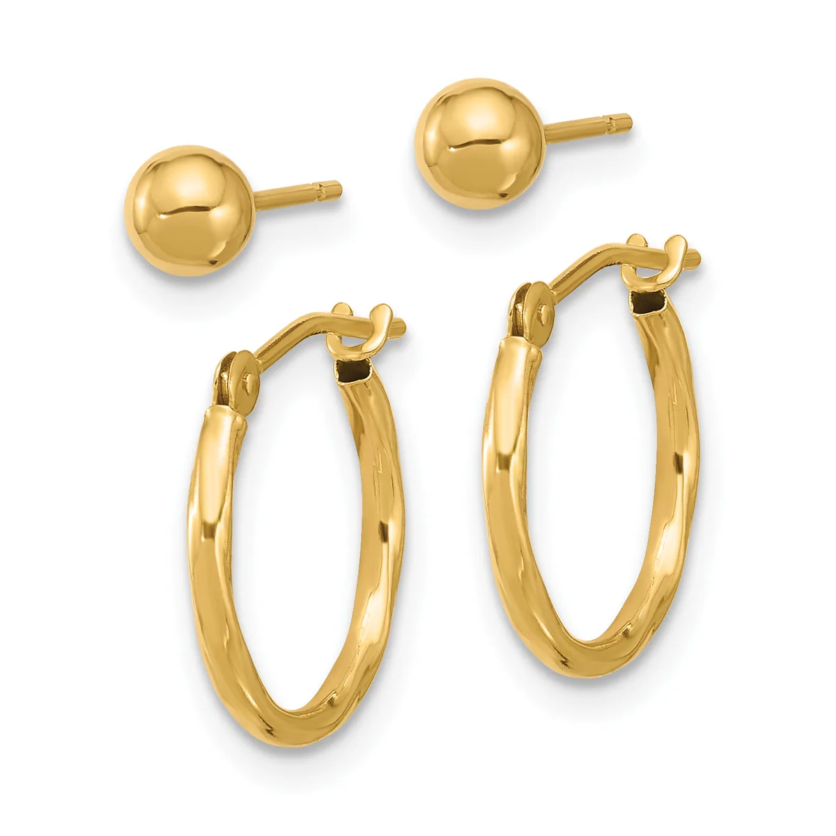 Two pairs of gold earrings displayed against a white background: small polished ball studs and larger oval hoop earrings with textured surfaces.