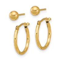 Two pairs of gold earrings displayed against a white background: small polished ball studs and larger oval hoop earrings with textured surfaces.