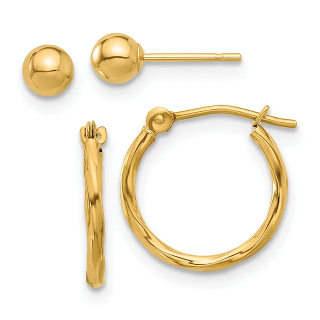 Two pairs of gold earrings displayed against a white background: polished ball stud earrings and textured chunky hoop earrings with a hinged clasp.