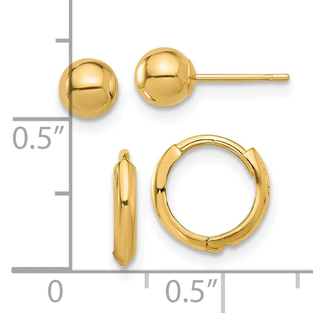 Two pairs of gold earrings displayed on a measurement grid: polished ball stud earrings and hinged hoop earrings, each approximately 0.5 inches in size.