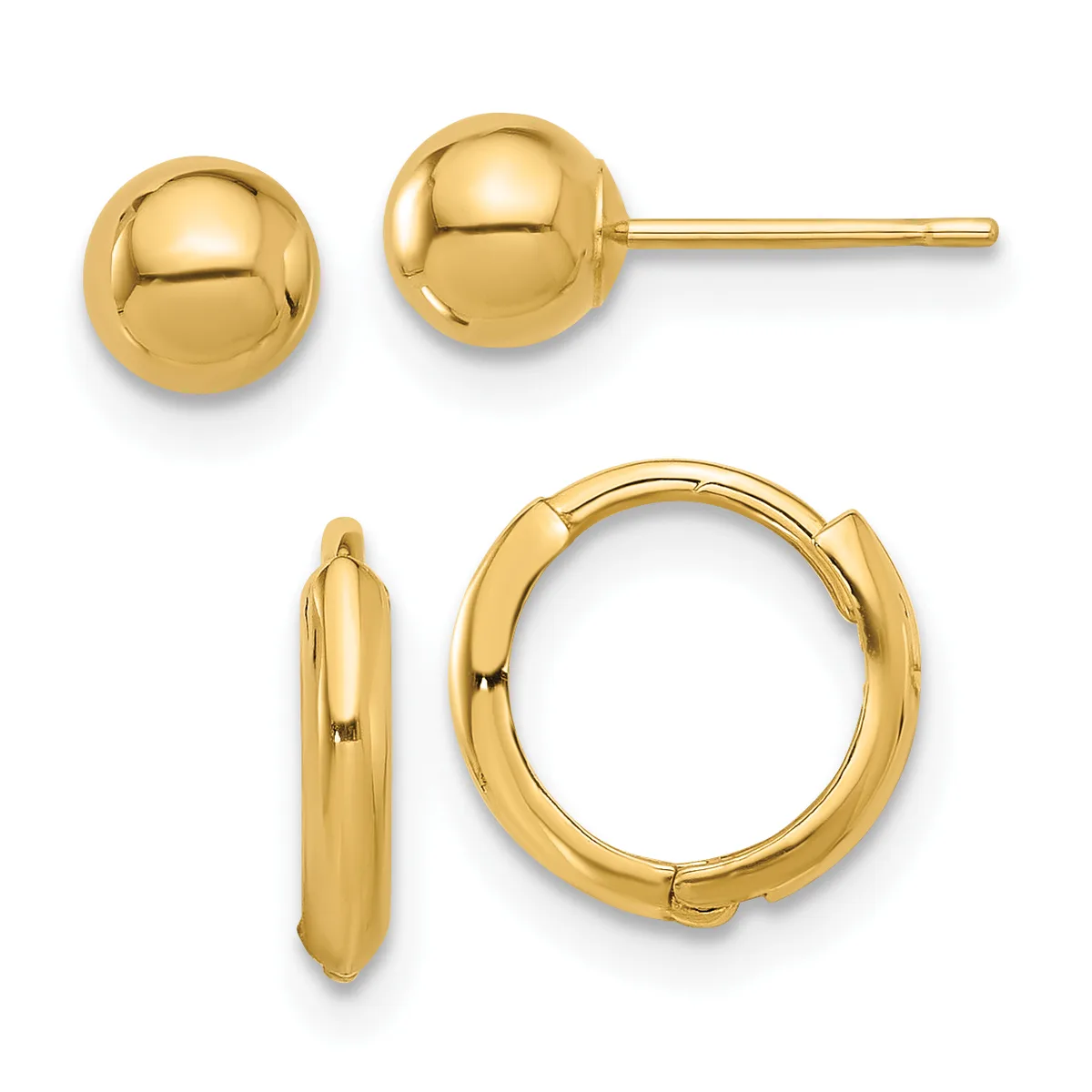 Pair of polished gold sphere stud earrings and a pair of polished gold hinged hoop earrings displayed against a white background.