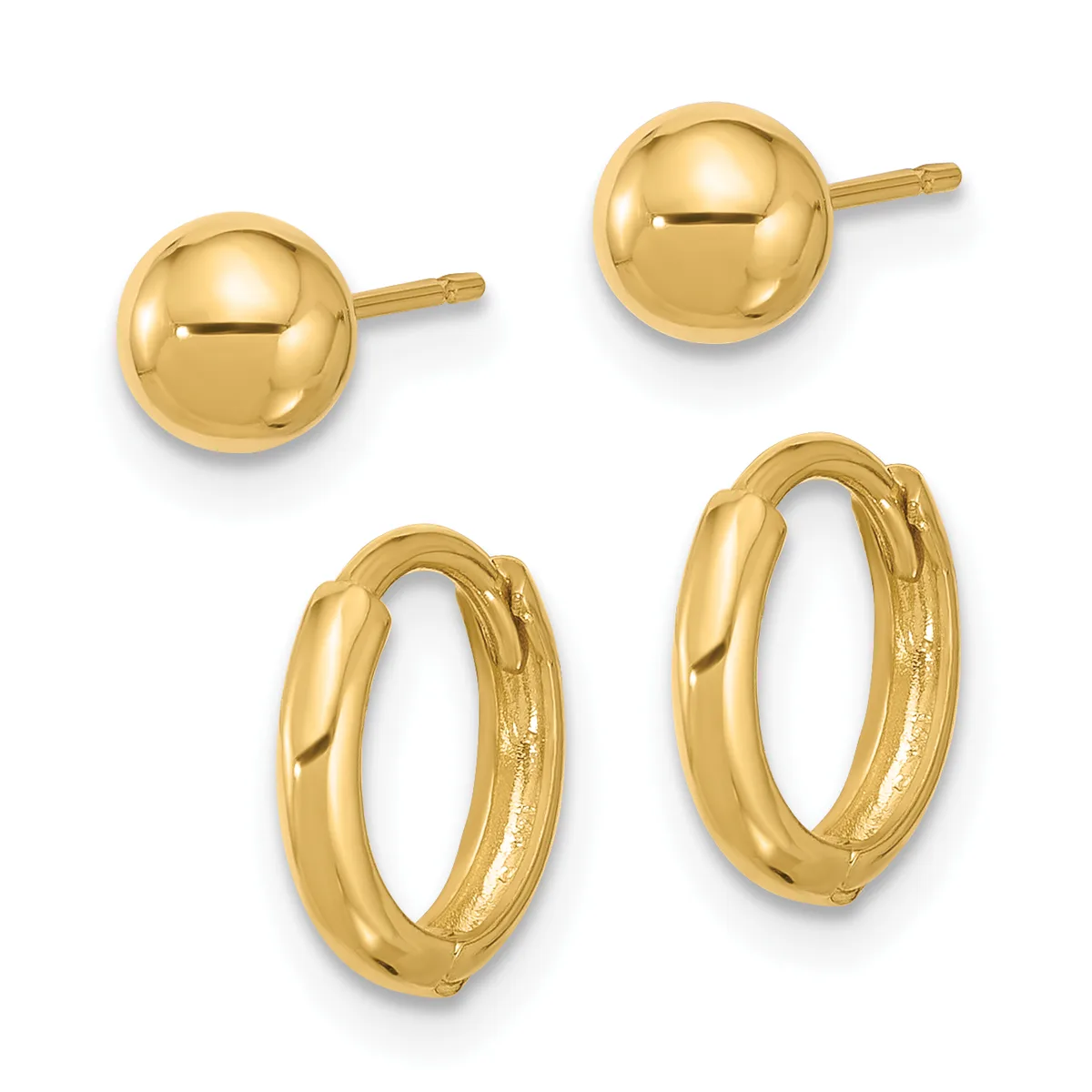 Two pairs of gold earrings displayed on white background: polished ball stud earrings and hinged hoop earrings with small hallmarks.