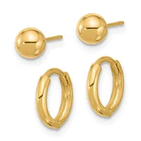 Two pairs of gold earrings displayed on white background: polished ball stud earrings and hinged hoop earrings with small hallmarks.