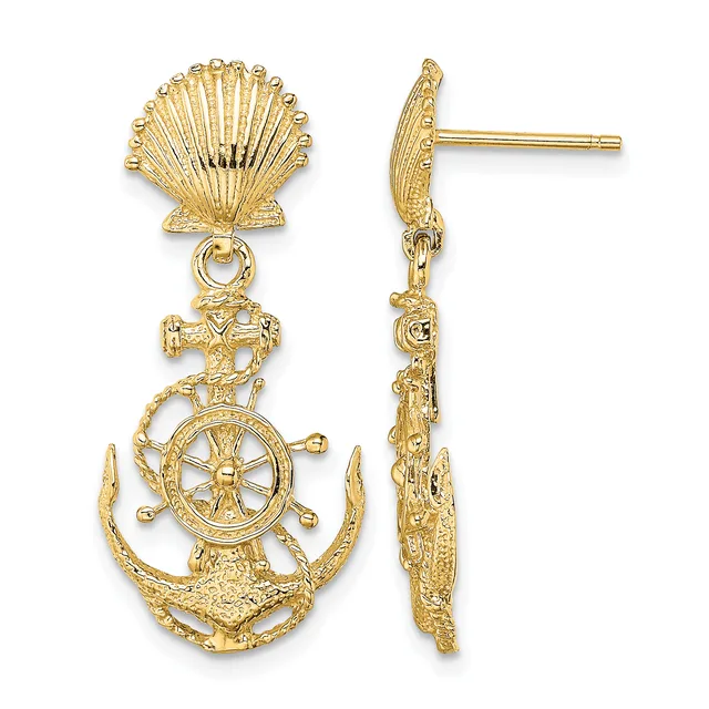 Gold-plated nautical dangle earrings featuring a scallop shell top with an anchor, ship's wheel, and rope design suspended below, shown from front and side views.