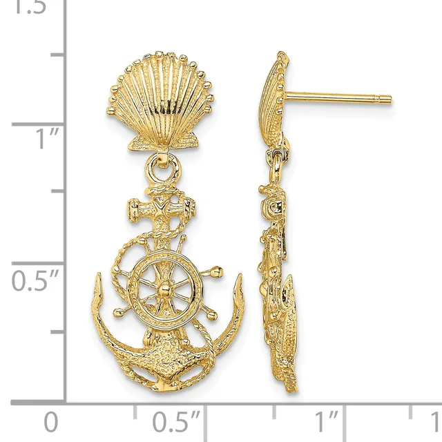 Gold-toned nautical-themed dangle earrings featuring a scallop shell top, ship's wheel, anchor, and crab charm, shown front and side view against a measurement scale.
