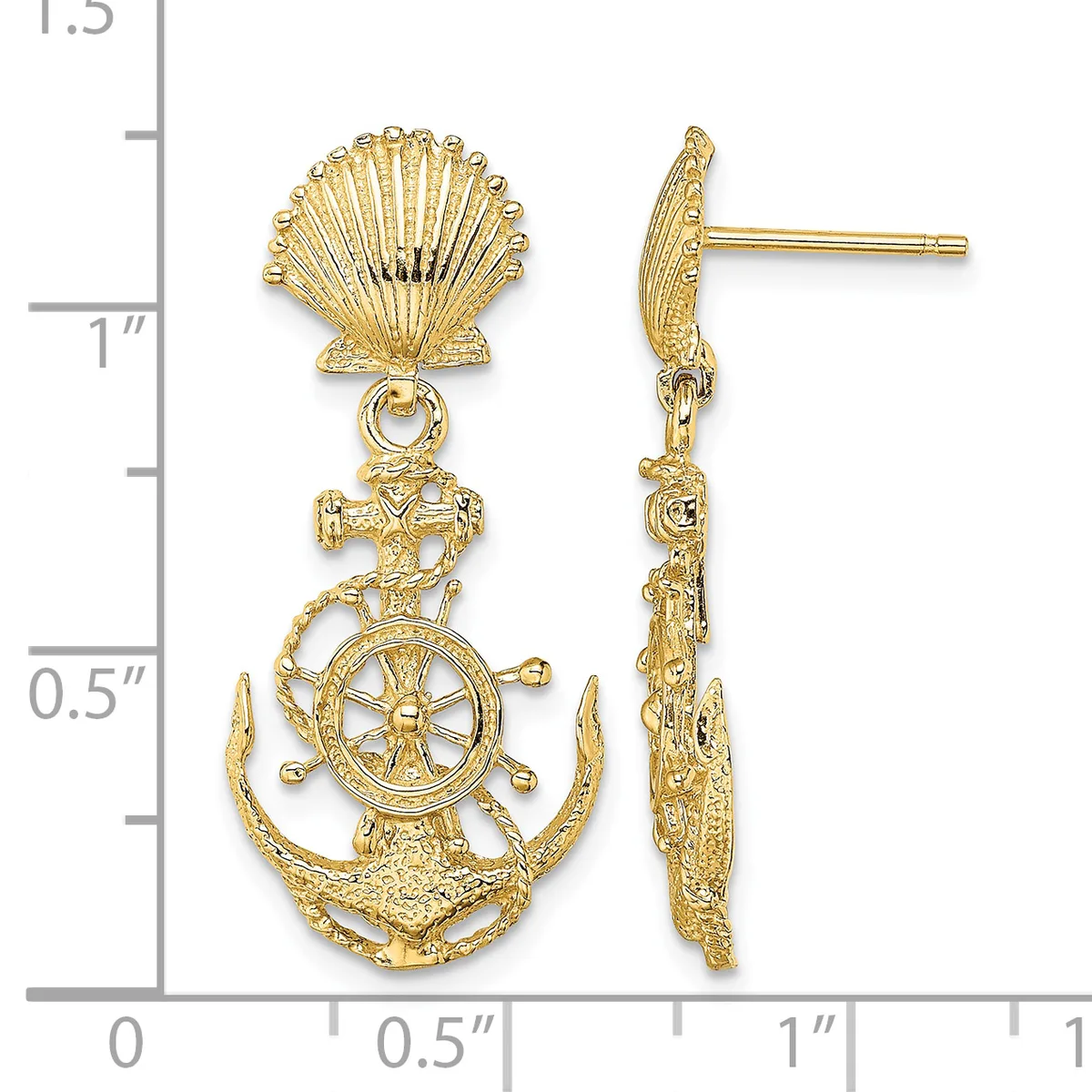 Gold-toned nautical-themed dangle earrings featuring a scallop shell top, ship's wheel, anchor, and crab charm, shown front and side view against a measurement scale.