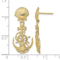 Gold-toned nautical-themed dangle earrings featuring a scallop shell top, ship's wheel, anchor, and crab charm, shown front and side view against a measurement scale.
