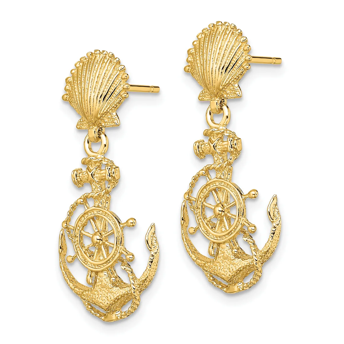 Pair of gold-toned dangle earrings featuring shell studs above seahorse and ship wheel charms with anchor details, shown on a white background.