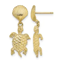 Pair of gold-colored sea turtle drop earrings with shell-shaped studs, shown from front and back views.