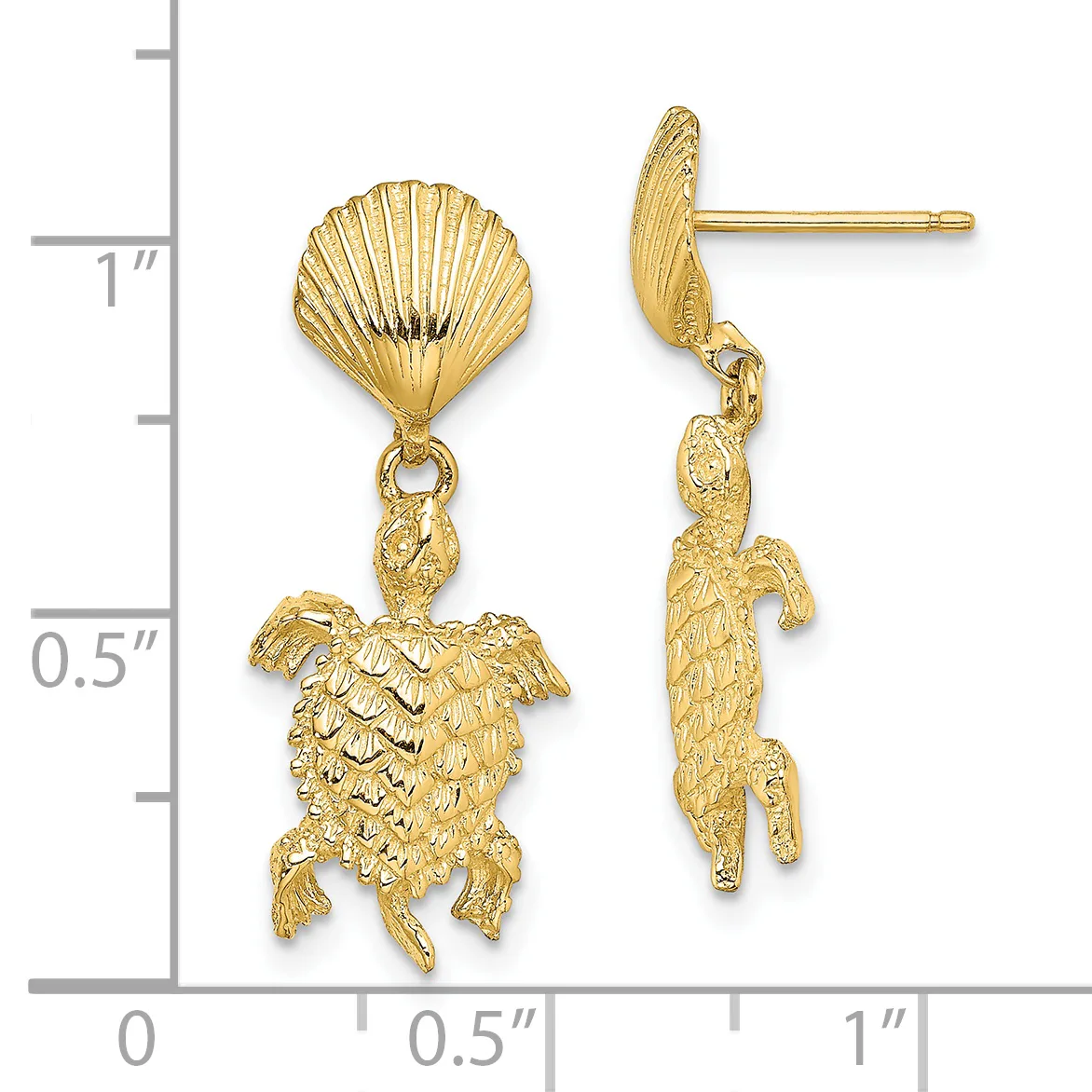 Gold-colored shell and sea turtle dangle earrings with posts, shown front and back views next to a measurement ruler.