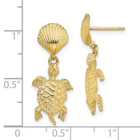 Gold-colored shell and sea turtle dangle earrings with posts, shown front and back views next to a measurement ruler.