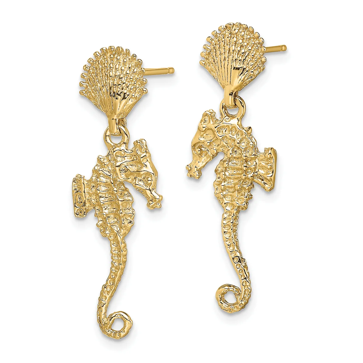 A pair of gold dangle earrings featuring fan-shaped studs with textured finishes connected to seahorse charms below.