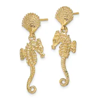A pair of gold dangle earrings featuring fan-shaped studs with textured finishes connected to seahorse charms below.