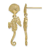 Gold seahorse dangle earrings with textured fan-shaped tops and post backs, shown from front and side views.