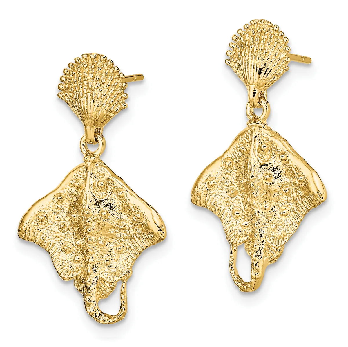 Pair of gold-colored stingray-shaped dangle earrings with textured stud tops, shown from front and back views.