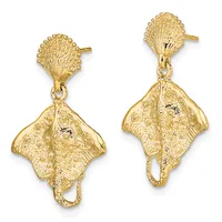 Pair of gold-colored stingray-shaped dangle earrings with textured stud tops, shown from front and back views.