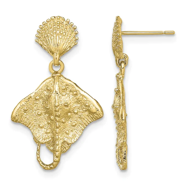 Gold stingray-shaped dangle earrings with textured finials and posts, shown from front and side views.