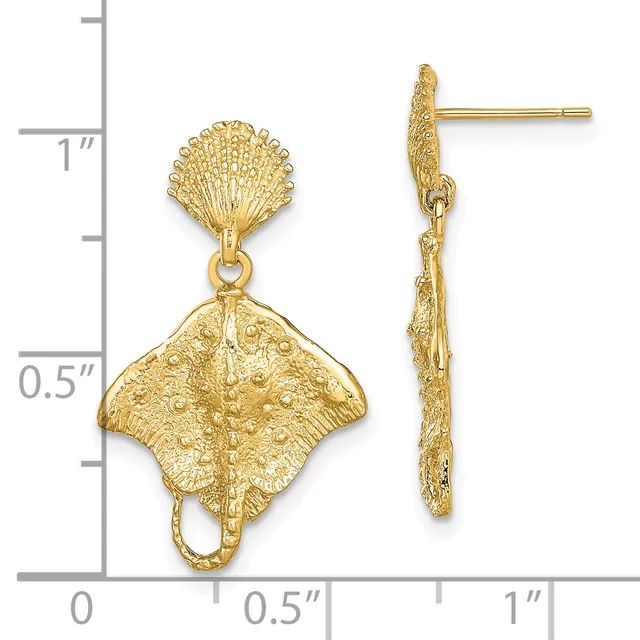 Gold stingray-shaped dangle earrings with textured fan-shaped tops, shown front and side view next to a measurement ruler.