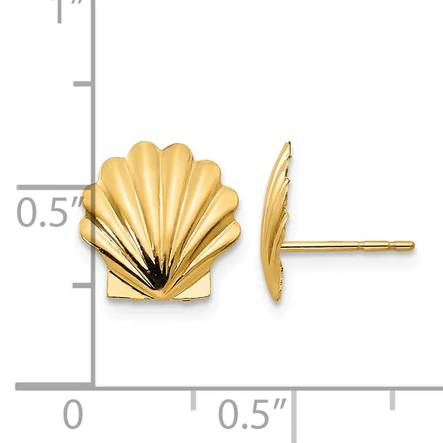 Gold shell-shaped stud earrings shown from front and side views next to a ruler indicating approximately 0.5 inches in width.