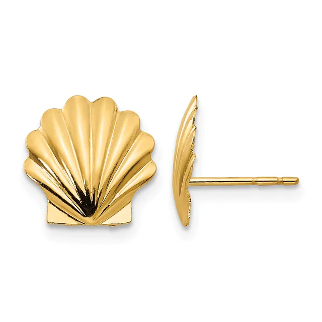 Gold shell-shaped stud earrings shown from front and side view, featuring radiating ridged details and a small hallmark on the post.