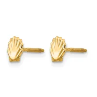 A pair of gold shell-shaped stud earrings with textured posts and screw backs.