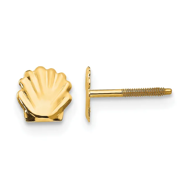 Pair of gold shell-shaped stud earrings with threaded posts, shown from front and side views.