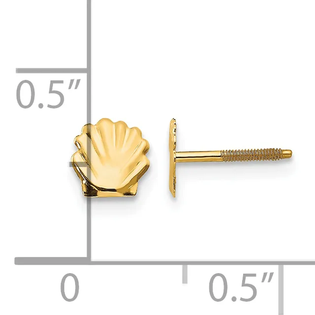 Pair of gold seashell-shaped stud earrings with screw backs, shown front and side view with a measurement scale indicating approximately 0.5 inches in size.