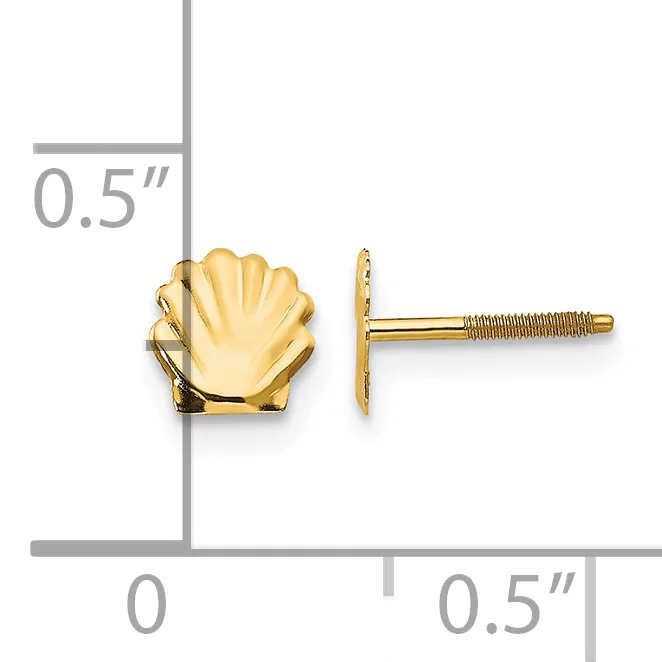 Pair of gold seashell-shaped stud earrings with screw backs, shown front and side view with a measurement scale indicating approximately 0.5 inches in size.