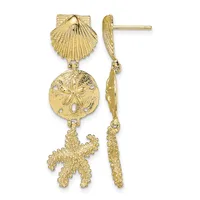 Gold shell stud earrings with matching dangle charms shaped like a sand dollar and a coral branch, shown from front and side views.