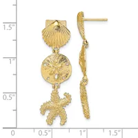 Gold seashell, sand dollar, and starfish dangle earrings displayed next to a ruler showing approximately 1.5 inches in length.