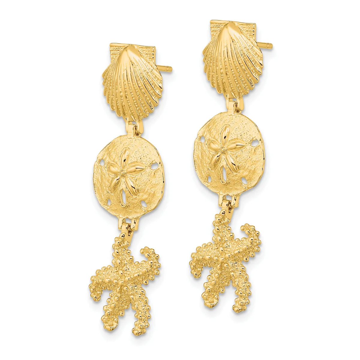 A pair of gold dangle earrings featuring shell-shaped studs at the top, circular sand dollar-textured drops in the middle, and textured starfish charms hanging at the bottom.