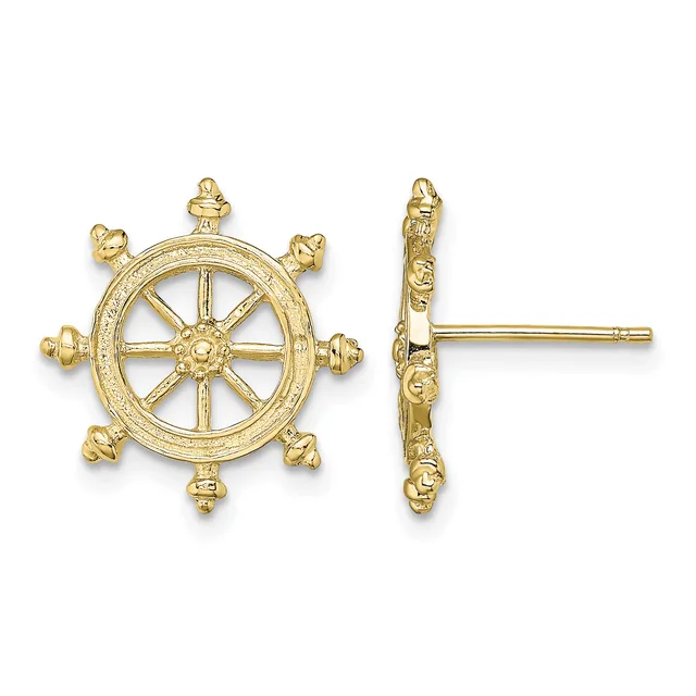 Gold-colored ship wheel stud earrings shown from front and side views, featuring eight spokes with decorative knobs at each spoke end and post backs.