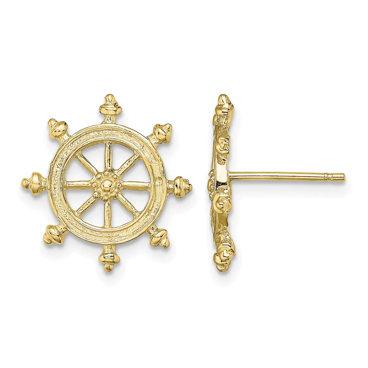 Gold-colored ship wheel stud earrings shown from front and side views, featuring eight spokes with decorative knobs at each spoke end and post backs.