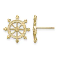 Gold-colored ship wheel stud earrings shown from front and side views, featuring eight spokes with decorative knobs at each spoke end and post backs.