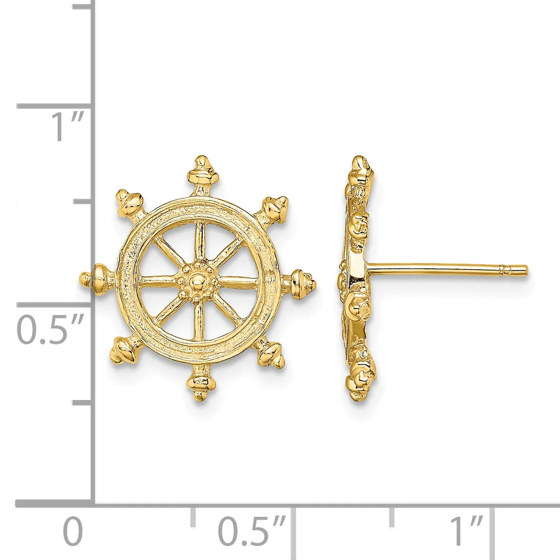 Gold-toned ship's wheel stud earrings shown from front and side views next to a ruler indicating approximately three-quarter inch diameter.