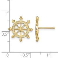 Gold-toned ship's wheel stud earrings shown from front and side views next to a ruler indicating approximately three-quarter inch diameter.