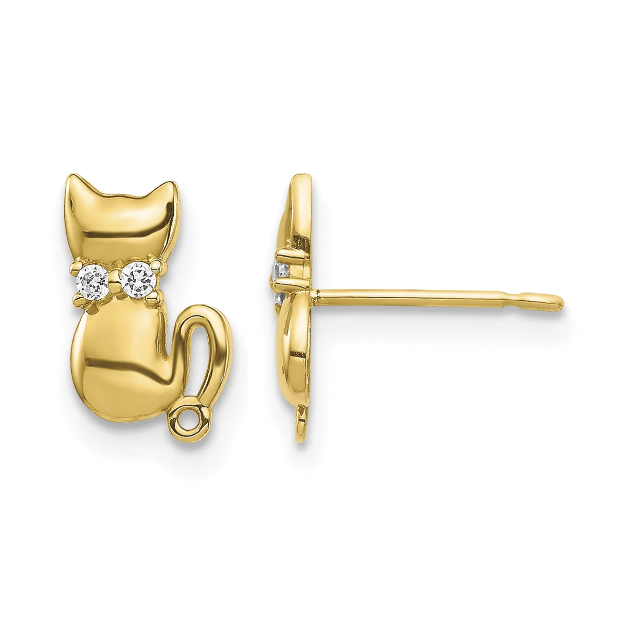 Pair of gold cat-shaped stud earrings with cubic zirconia stones at the neck, shown from front and side views.
