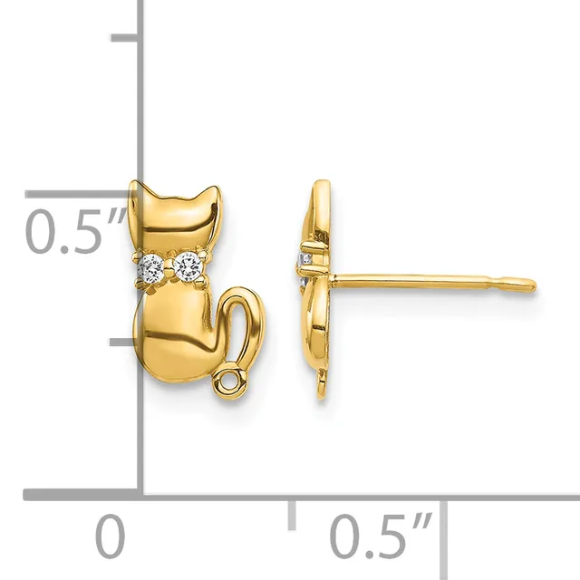 A pair of gold cat-shaped stud earrings with diamond eyes, shown from front and side views against a measurement scale.