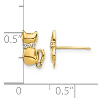 A pair of gold cat-shaped stud earrings with diamond eyes, shown from front and side views against a measurement scale.