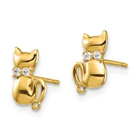 Pair of gold cat-shaped stud earrings with diamond accents on the collar and small loop attachments at the base.